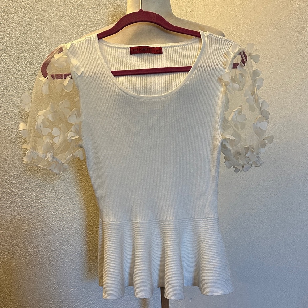 Love Scarlett White Peplum Top with Floral Sleeves Size M